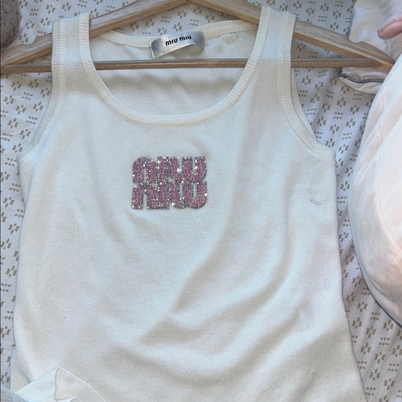 Miu Miu Cream Tank Top with Pink Embellished Logo - Picture 1 of 3